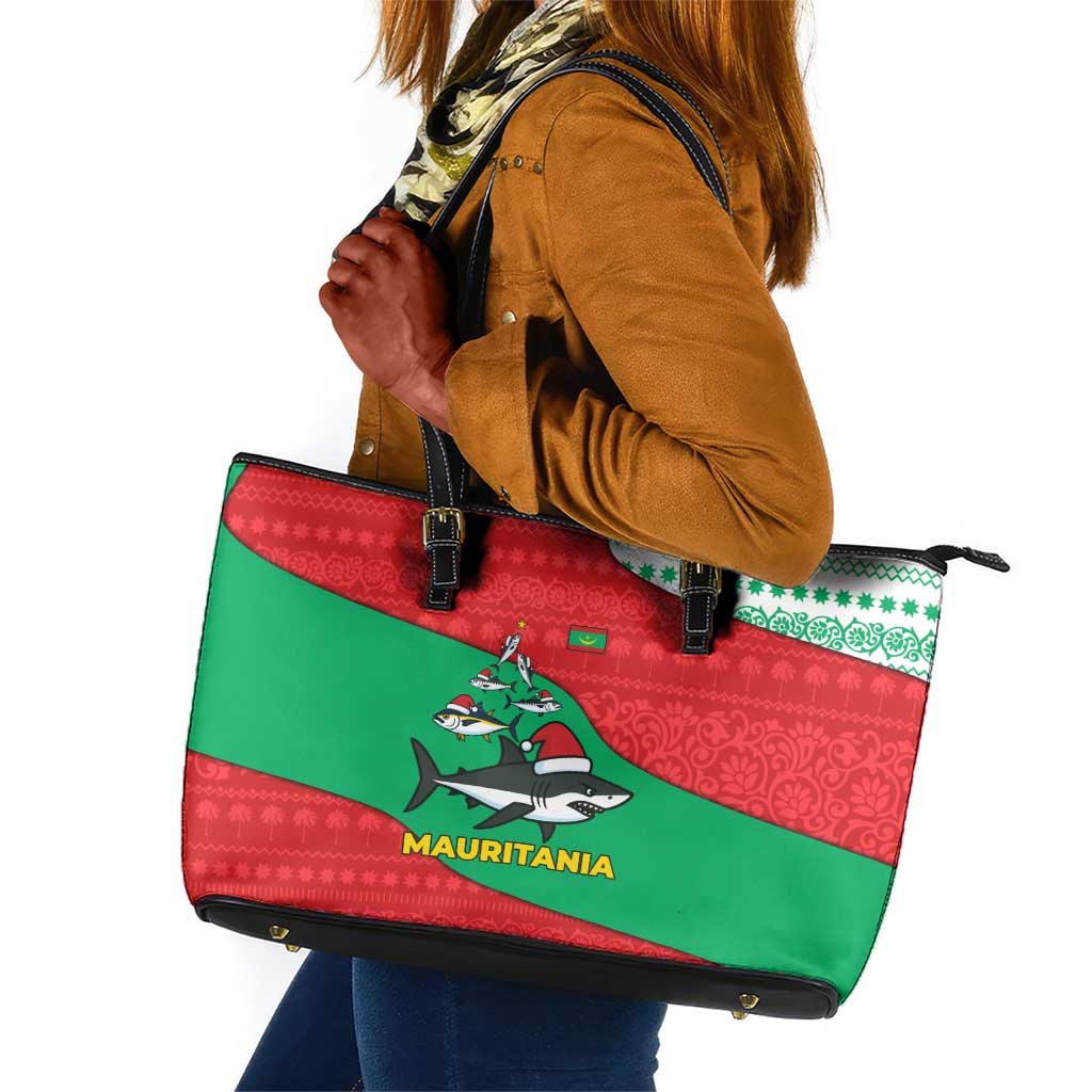Mauritania Christmas Leather Tote Bag Santa Sharks Festive Fish Pattern and Red Green Holiday - African Pride