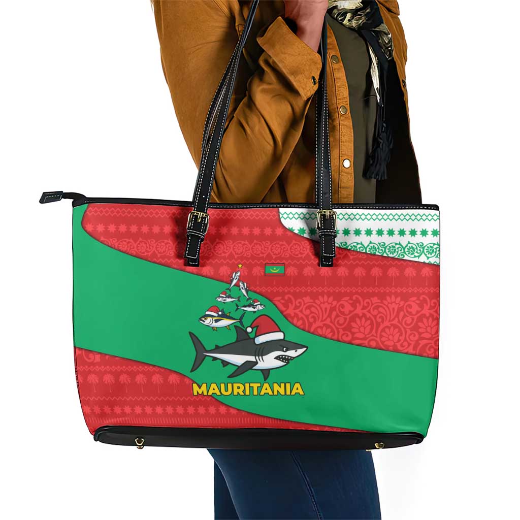 Mauritania Christmas Leather Tote Bag Santa Sharks Festive Fish Pattern and Red Green Holiday - African Pride