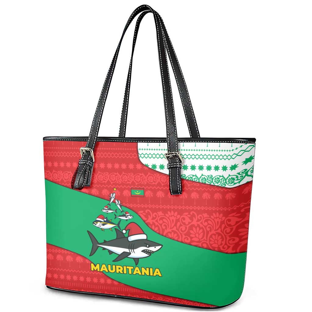 Mauritania Christmas Leather Tote Bag Santa Sharks Festive Fish Pattern and Red Green Holiday - African Pride