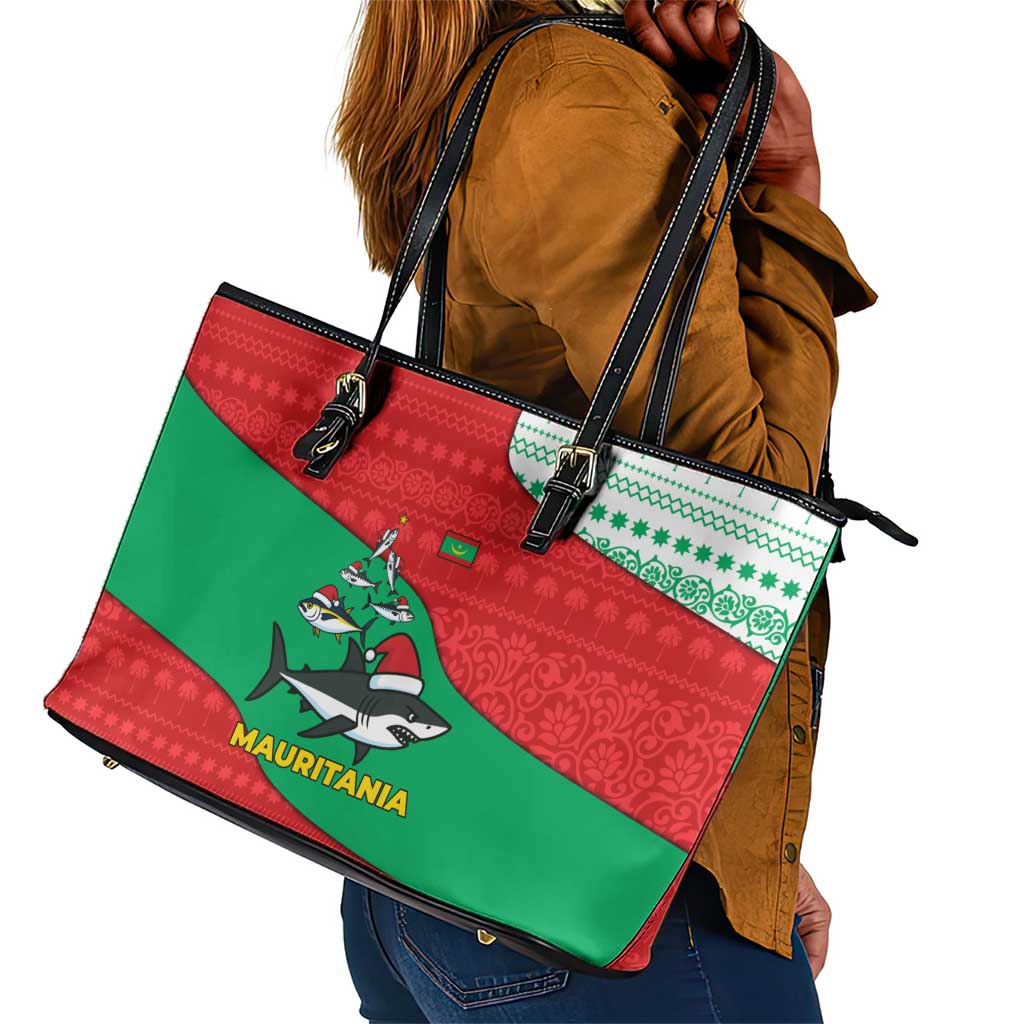Mauritania Christmas Leather Tote Bag Santa Sharks Festive Fish Pattern and Red Green Holiday - African Pride