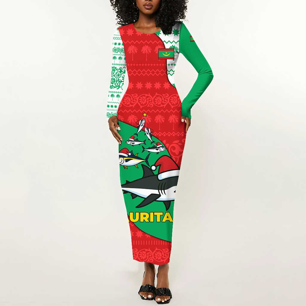 Mauritania Christmas Long Sleeve Bodycon Dress Santa Sharks Festive Fish Pattern and Red Green Holiday - African Pride