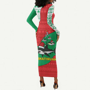 Mauritania Christmas Long Sleeve Bodycon Dress Santa Sharks Festive Fish Pattern and Red Green Holiday - African Pride