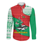 Mauritania Christmas Long Sleeve Button Shirt Santa Sharks Festive Fish Pattern and Red Green Holiday - African Pride