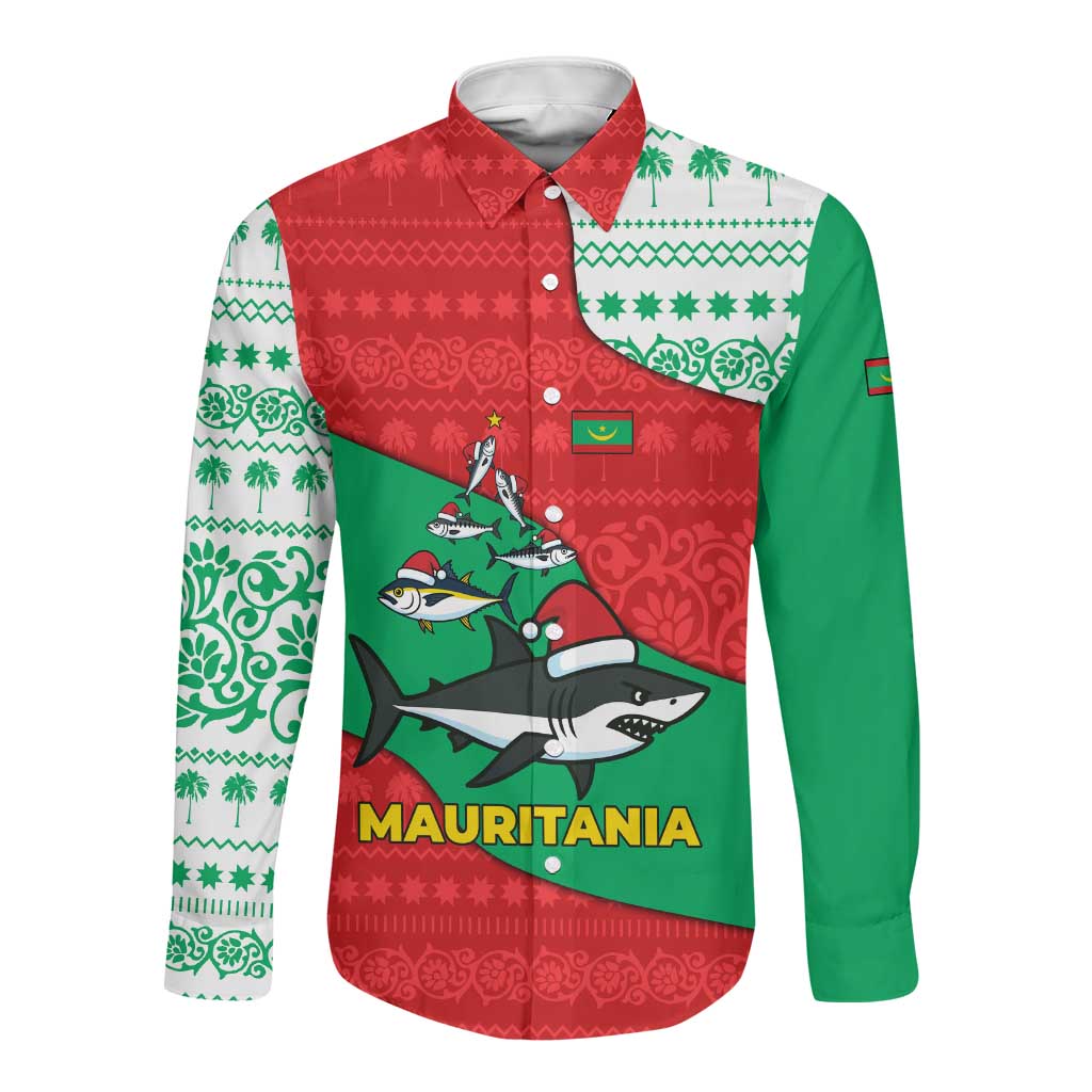 Mauritania Christmas Long Sleeve Button Shirt Santa Sharks Festive Fish Pattern and Red Green Holiday - African Pride