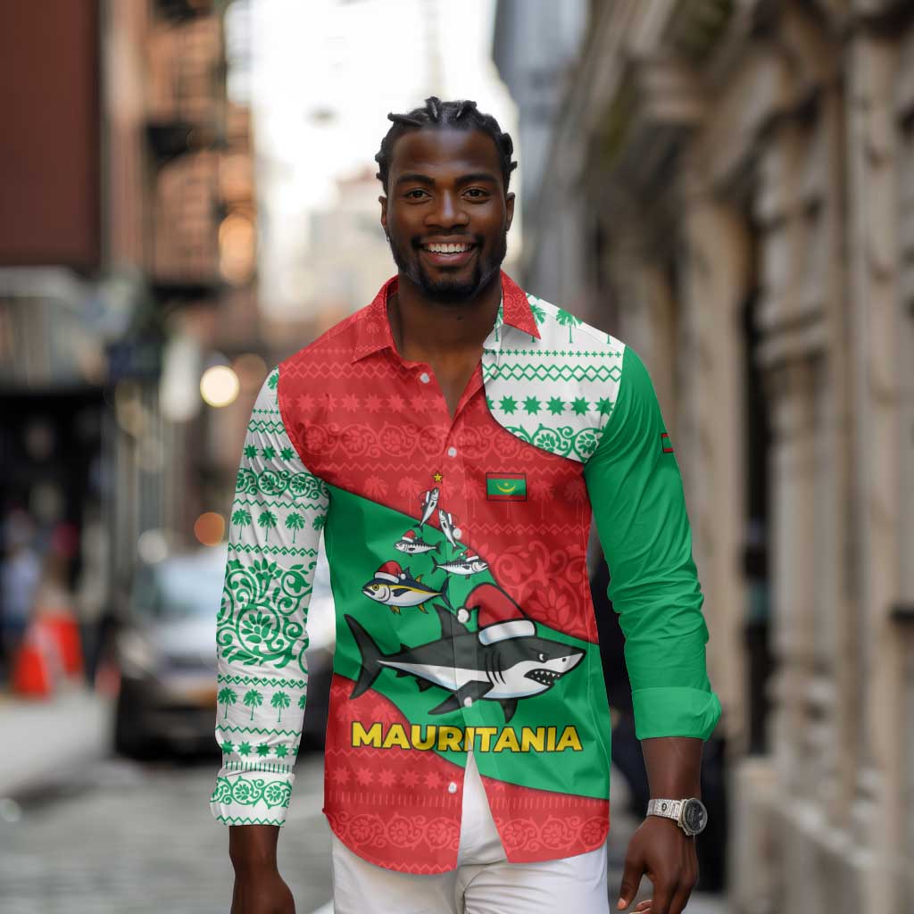 Mauritania Christmas Long Sleeve Button Shirt Santa Sharks Festive Fish Pattern and Red Green Holiday - African Pride