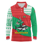 Mauritania Christmas Long Sleeve Polo Shirt Santa Sharks Festive Fish Pattern and Red Green Holiday - African Pride