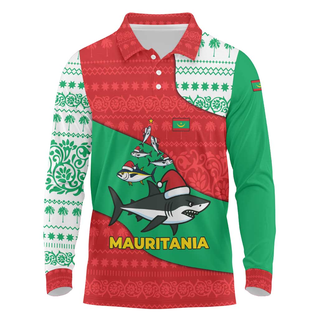 Mauritania Christmas Long Sleeve Polo Shirt Santa Sharks Festive Fish Pattern and Red Green Holiday - African Pride