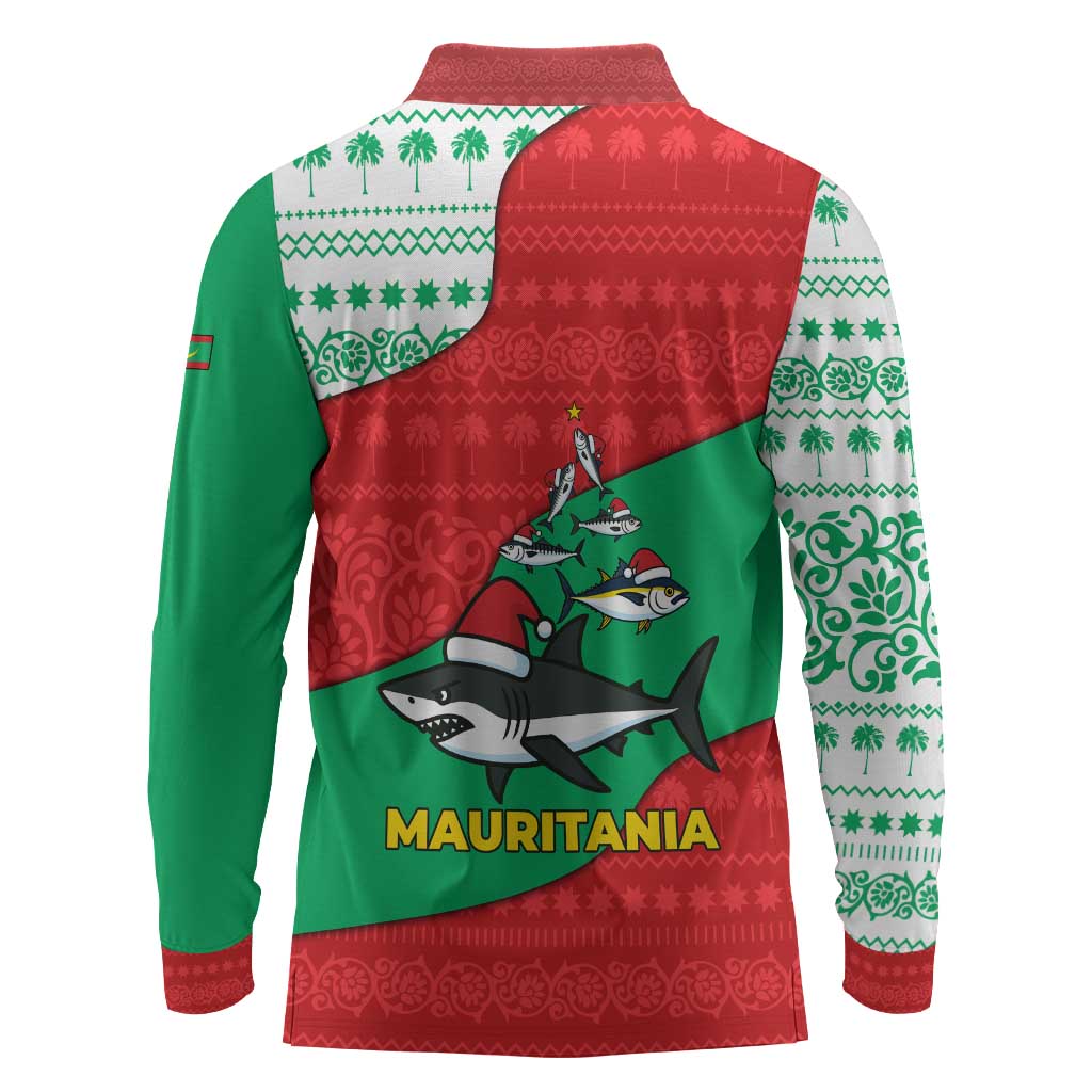 Mauritania Christmas Long Sleeve Polo Shirt Santa Sharks Festive Fish Pattern and Red Green Holiday - African Pride