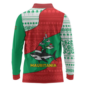 Mauritania Christmas Long Sleeve Polo Shirt Santa Sharks Festive Fish Pattern and Red Green Holiday - African Pride