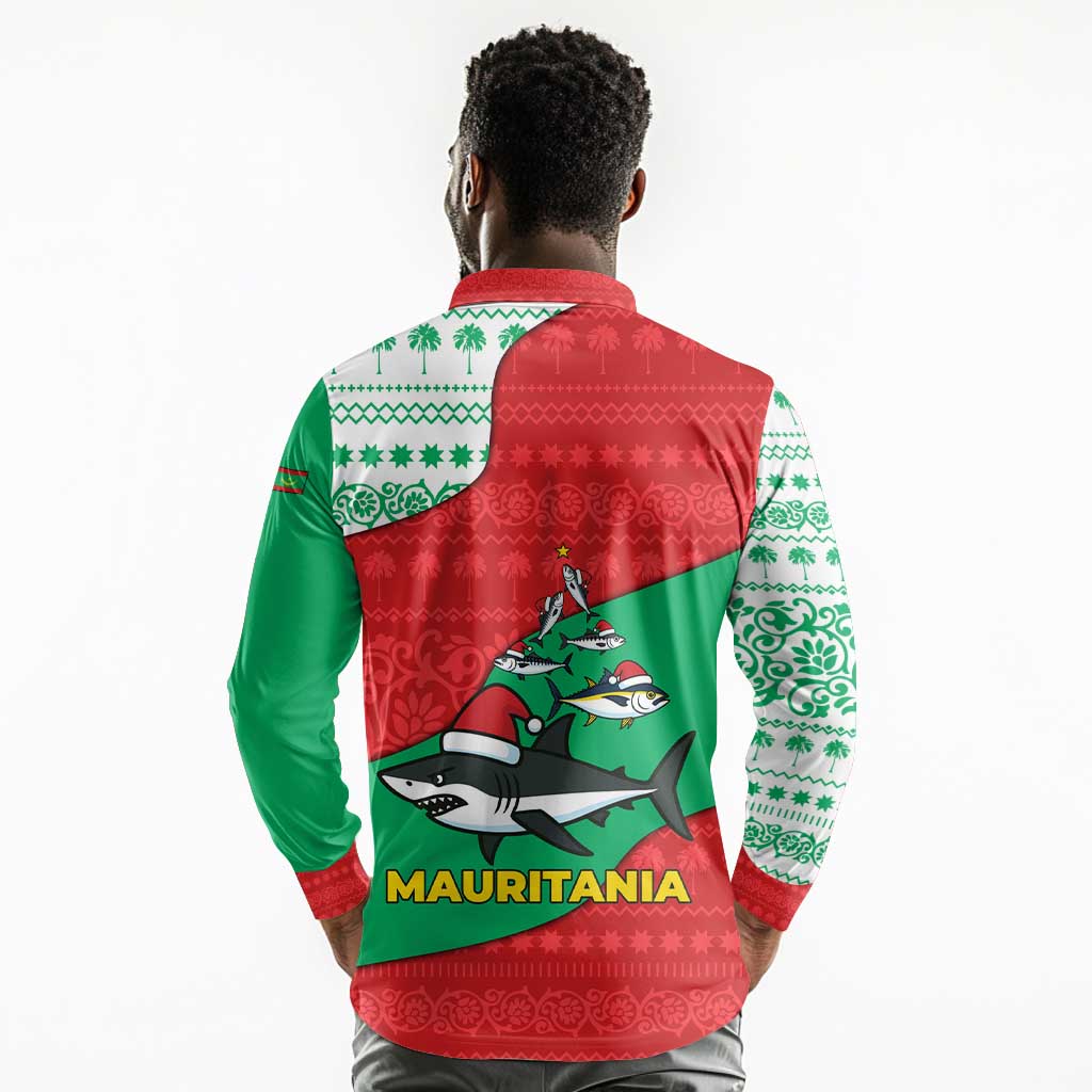 Mauritania Christmas Long Sleeve Polo Shirt Santa Sharks Festive Fish Pattern and Red Green Holiday - African Pride