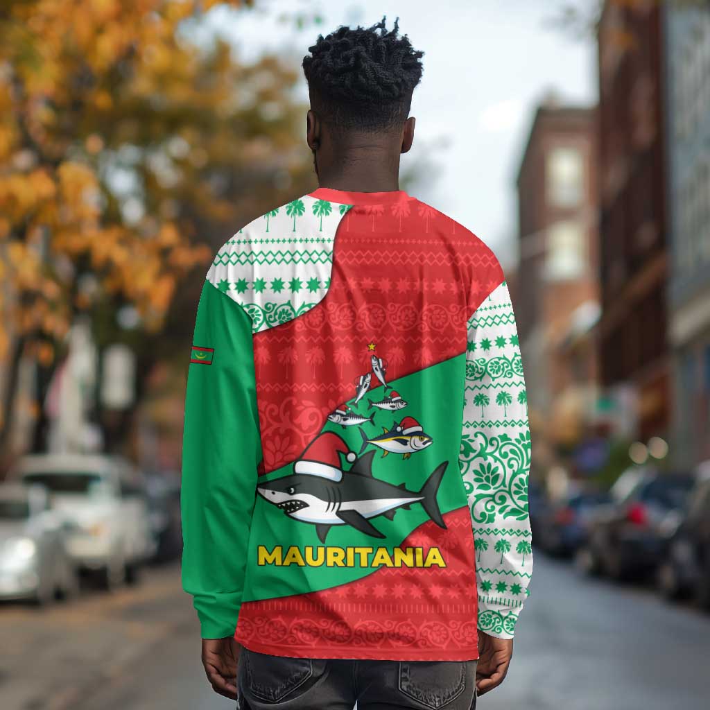 Mauritania Christmas Long Sleeve Shirt Santa Sharks Festive Fish Pattern and Red Green Holiday - African Pride