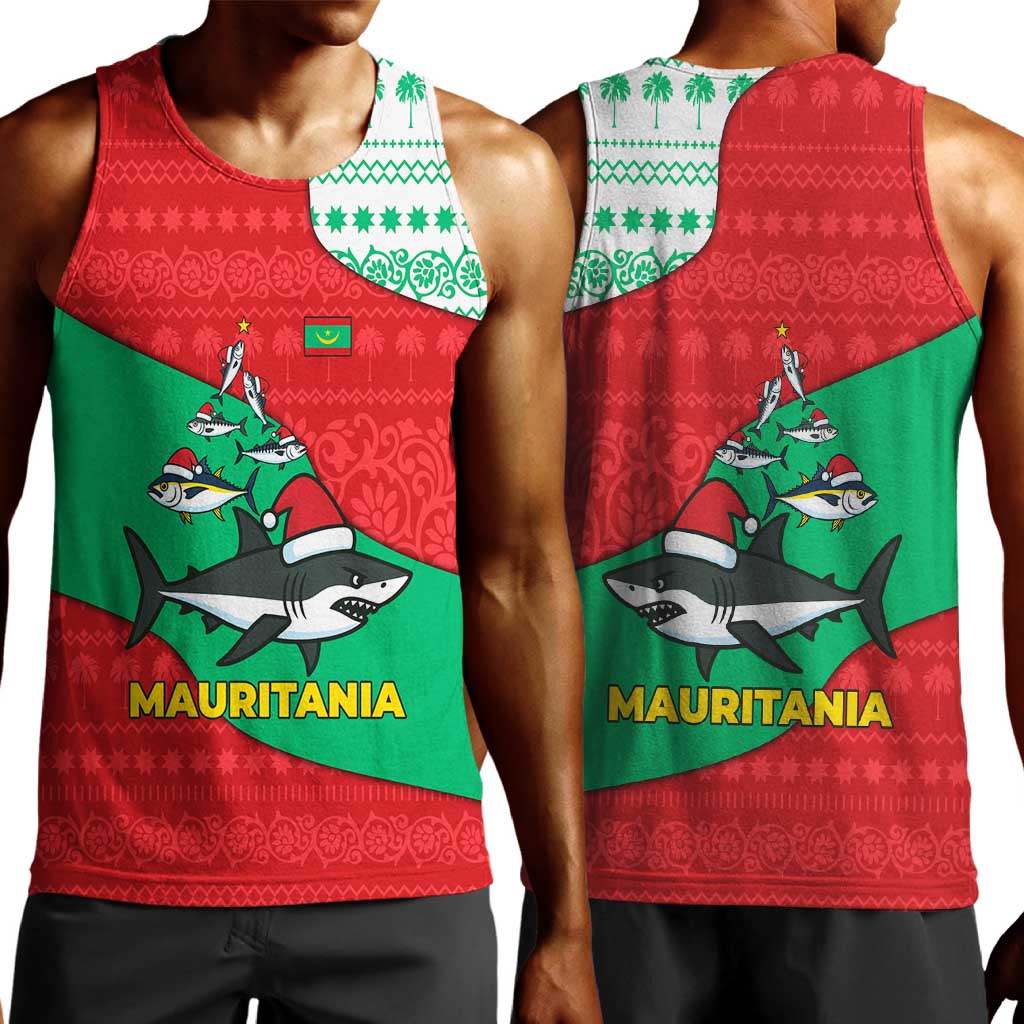 Mauritania Christmas Men Tank Top Santa Sharks Festive Fish Pattern and Red Green Holiday - African Pride