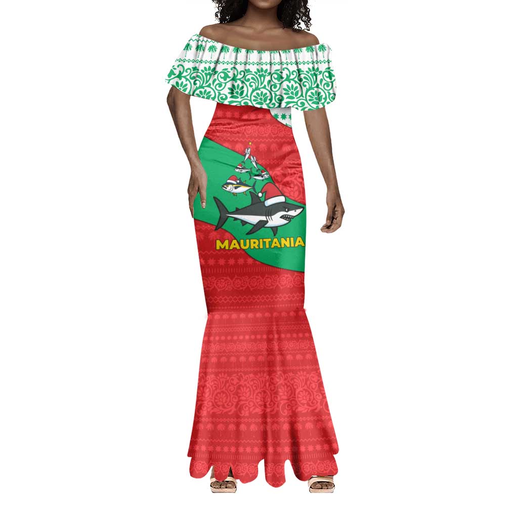 Mauritania Christmas Mermaid Dress Santa Sharks Festive Fish Pattern and Red Green Holiday - African Pride