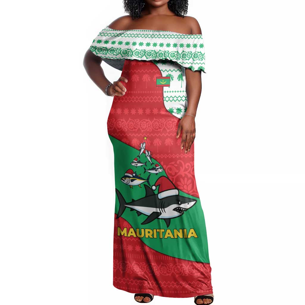 Mauritania Christmas Off Shoulder Maxi Dress Santa Sharks Festive Fish Pattern and Red Green Holiday - African Pride