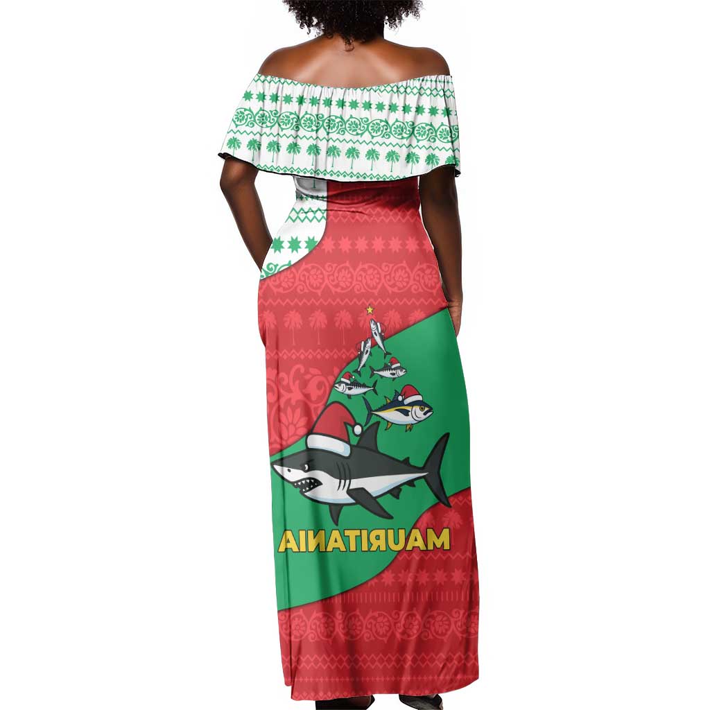 Mauritania Christmas Off Shoulder Maxi Dress Santa Sharks Festive Fish Pattern and Red Green Holiday - African Pride