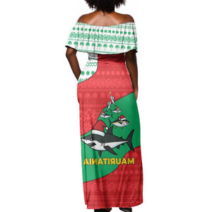 Mauritania Christmas Off Shoulder Maxi Dress Santa Sharks Festive Fish Pattern and Red Green Holiday - African Pride