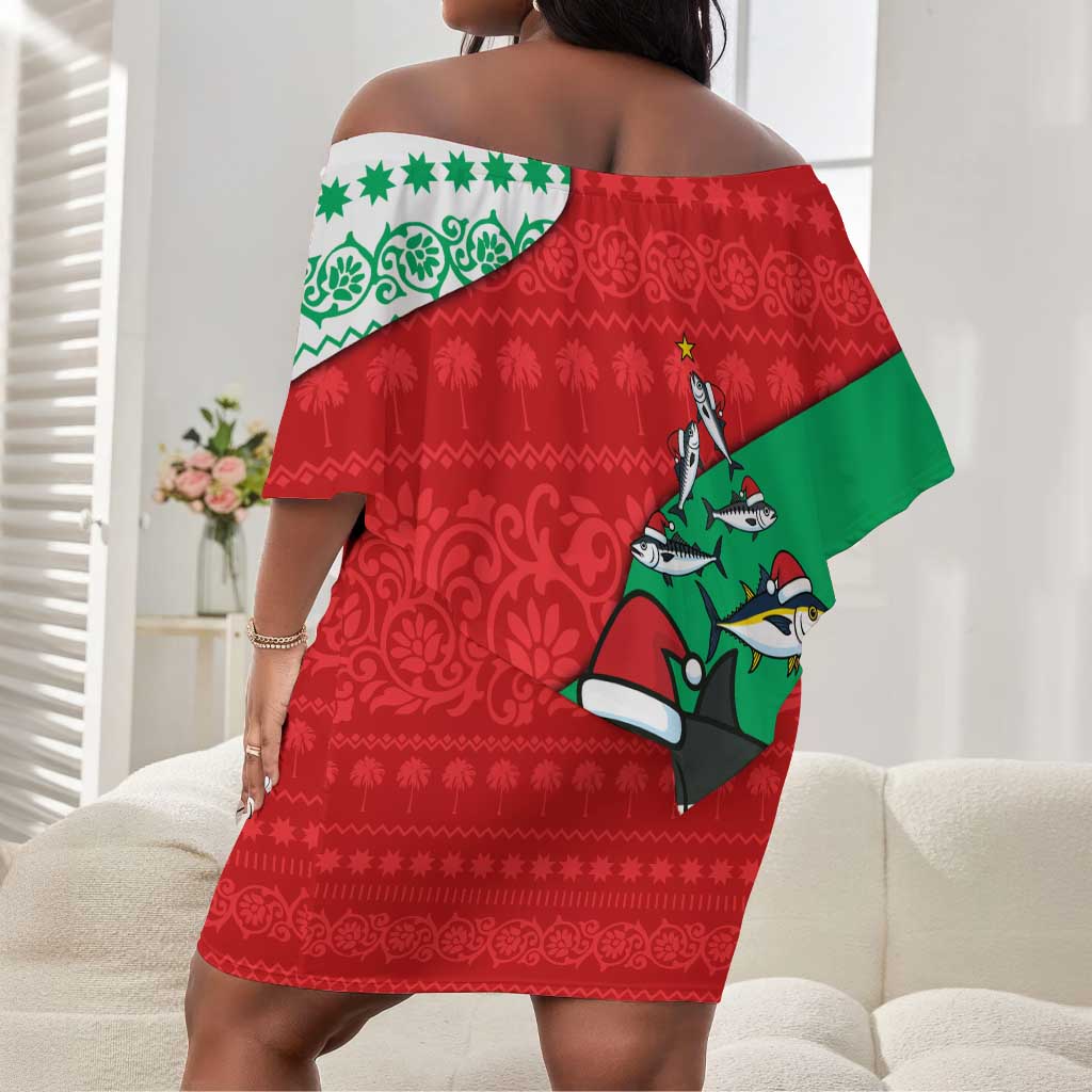 Mauritania Christmas Off Shoulder Short Dress Santa Sharks Festive Fish Pattern and Red Green Holiday - African Pride