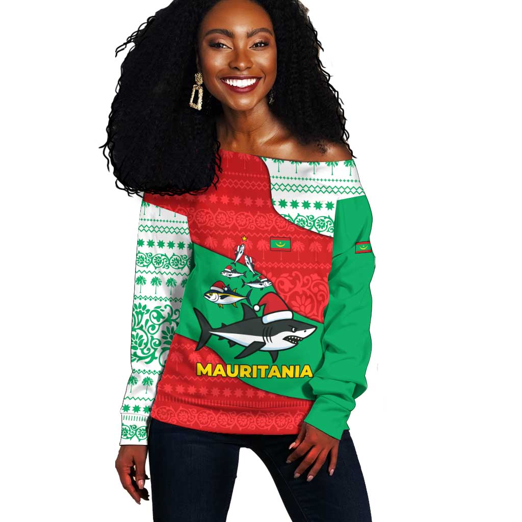 Mauritania Christmas Off Shoulder Sweater Santa Sharks Festive Fish Pattern and Red Green Holiday - African Pride