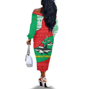 Mauritania Christmas Off The Shoulder Long Sleeve Dress Santa Sharks Festive Fish Pattern and Red Green Holiday - African Pride