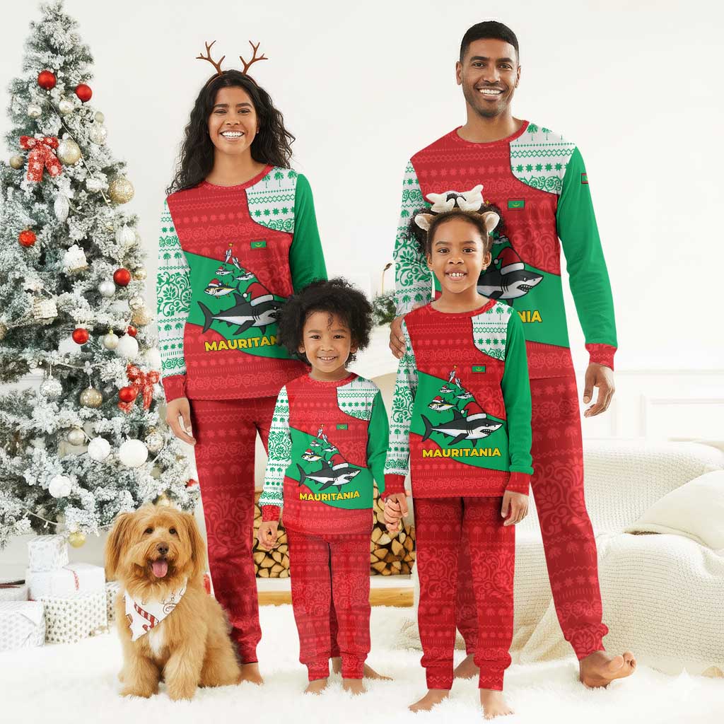 Mauritania Christmas Pajama Set Santa Sharks Festive Fish Pattern and Red Green Holiday - African Pride