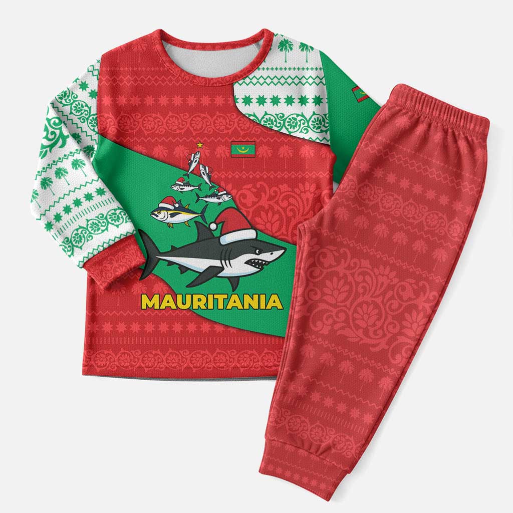 Mauritania Christmas Pajama Set Santa Sharks Festive Fish Pattern and Red Green Holiday - African Pride