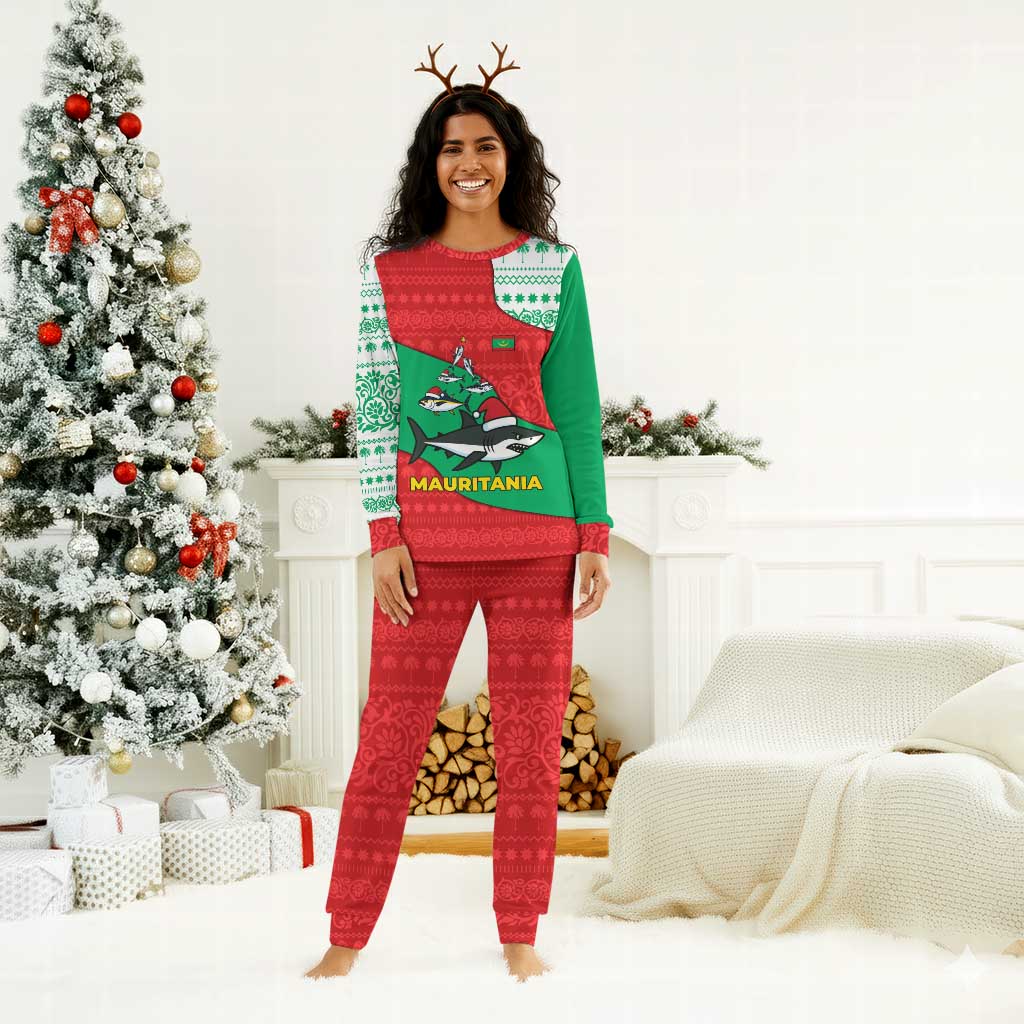 Mauritania Christmas Pajama Set Santa Sharks Festive Fish Pattern and Red Green Holiday - African Pride