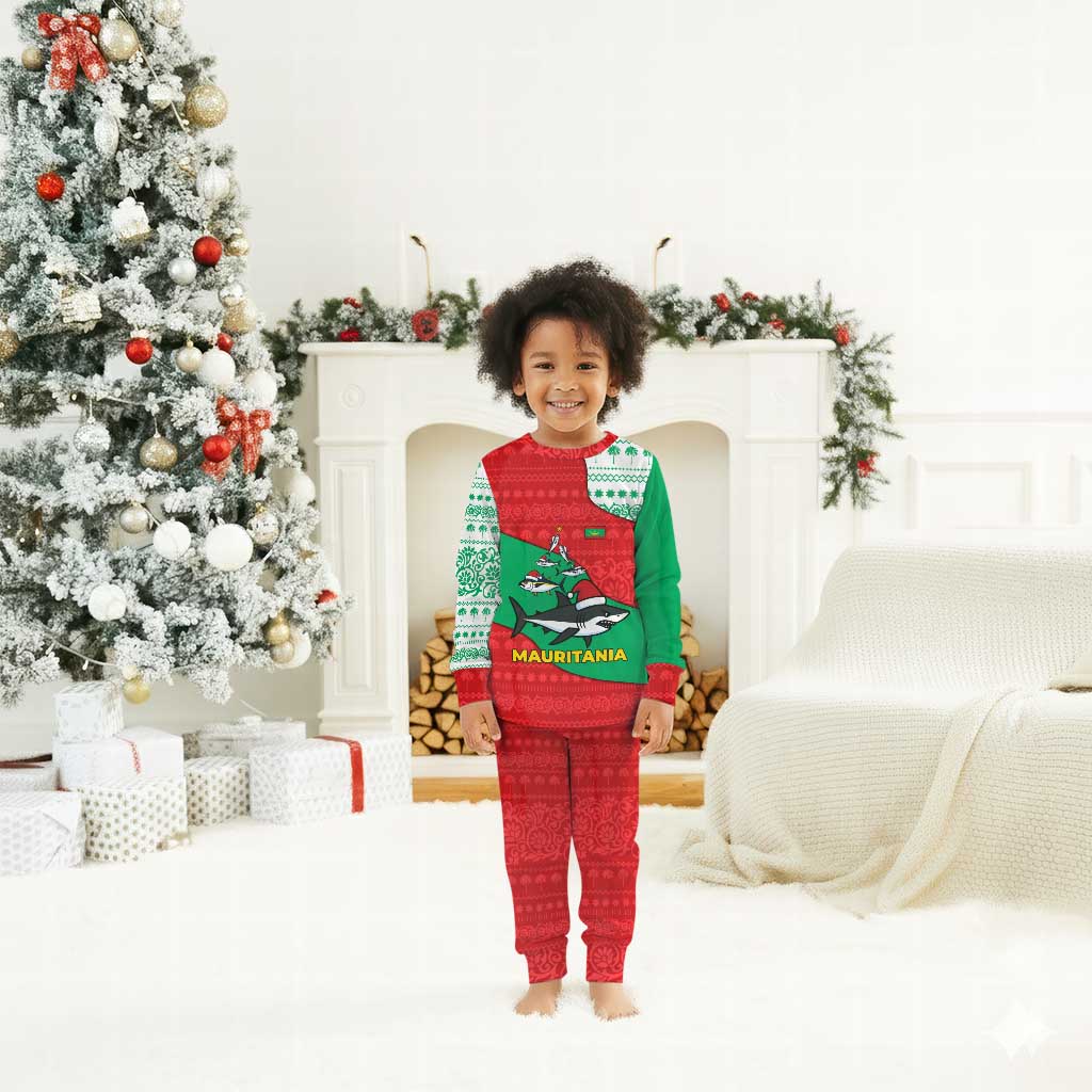 Mauritania Christmas Pajama Set Santa Sharks Festive Fish Pattern and Red Green Holiday - African Pride