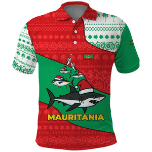 Mauritania Christmas Polo Shirt Santa Sharks Festive Fish Pattern and Red Green Holiday - African Pride