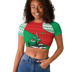 Mauritania Christmas Raglan Cropped T shirt Santa Sharks Festive Fish Pattern and Red Green Holiday - African Pride