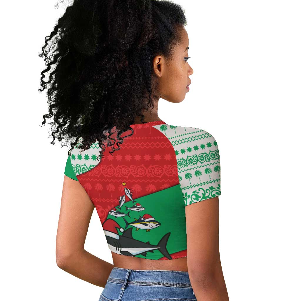 Mauritania Christmas Raglan Cropped T shirt Santa Sharks Festive Fish Pattern and Red Green Holiday - African Pride