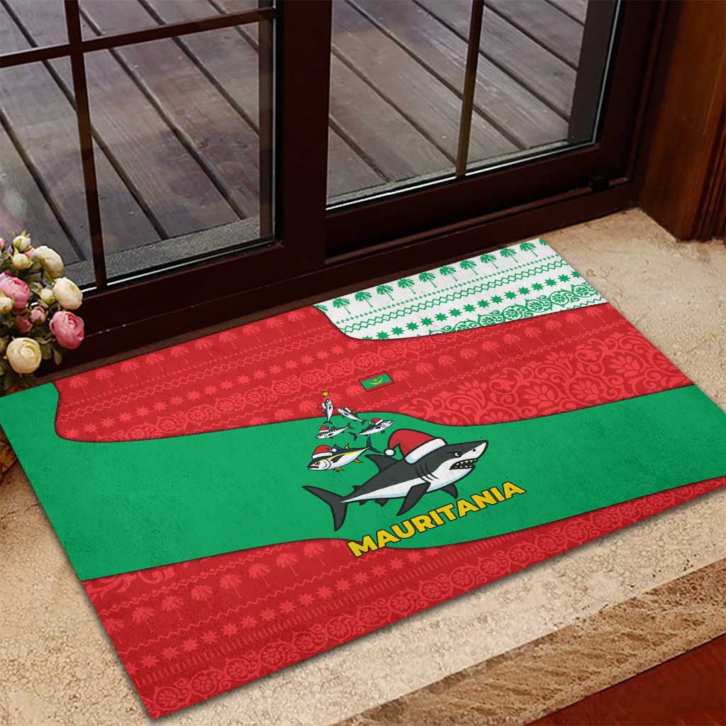Mauritania Christmas Rubber Doormat Santa Sharks Festive Fish Pattern and Red Green Holiday - African Pride