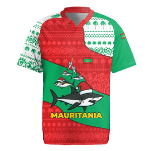Mauritania Christmas Rugby Jersey Santa Sharks Festive Fish Pattern and Red Green Holiday - African Pride