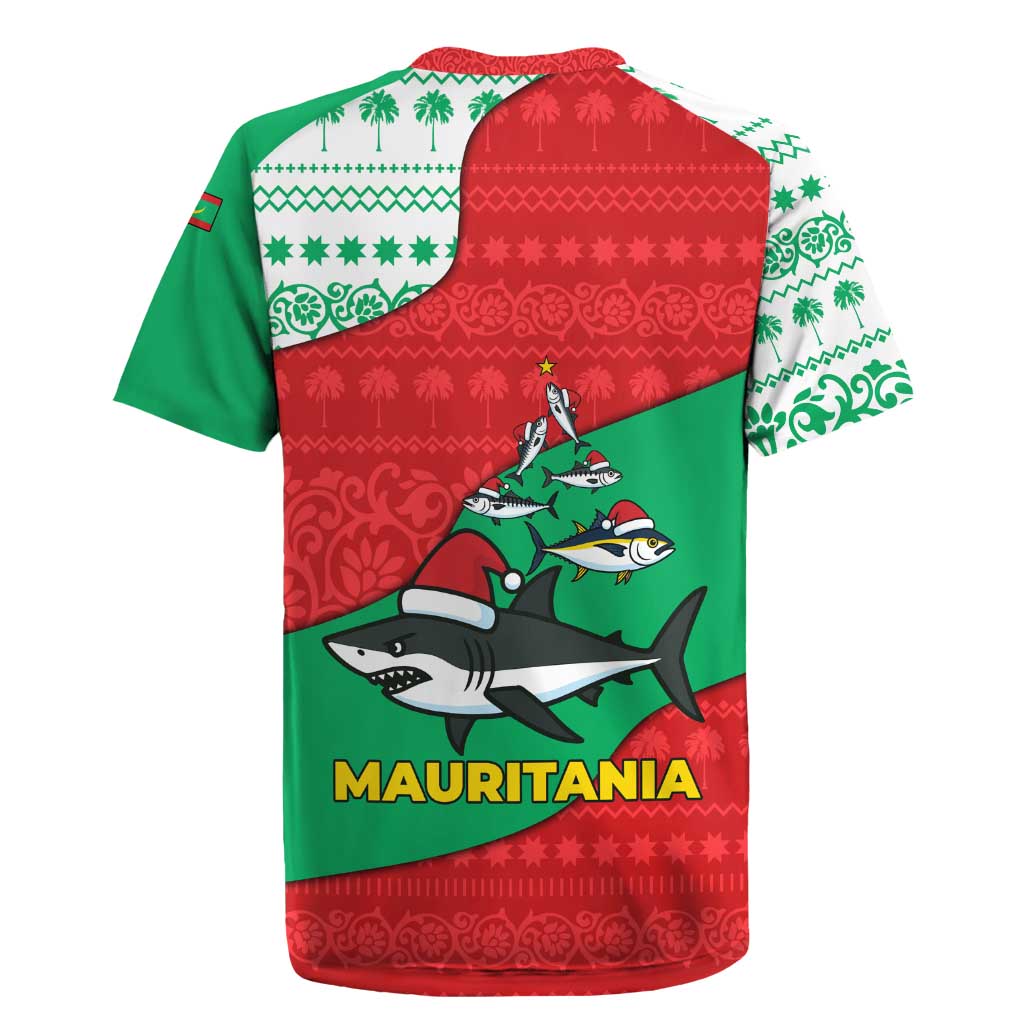 Mauritania Christmas Rugby Jersey Santa Sharks Festive Fish Pattern and Red Green Holiday - African Pride