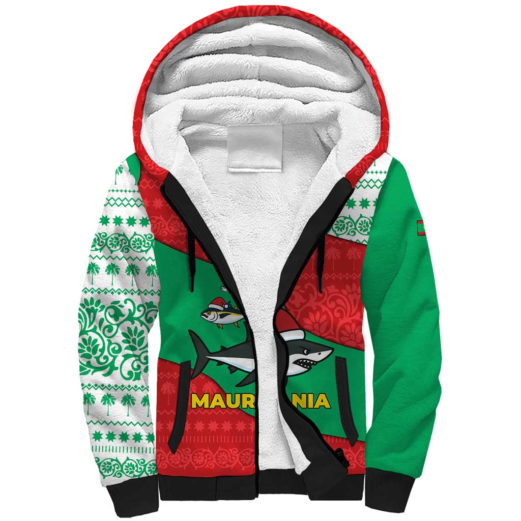 Mauritania Christmas Sherpa Hoodie Santa Sharks Festive Fish Pattern and Red Green Holiday - African Pride