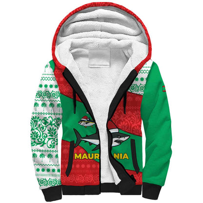 Mauritania Christmas Sherpa Hoodie Santa Sharks Festive Fish Pattern and Red Green Holiday - African Pride