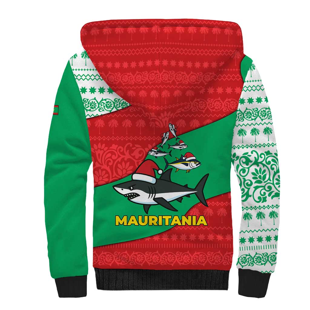 Mauritania Christmas Sherpa Hoodie Santa Sharks Festive Fish Pattern and Red Green Holiday - African Pride