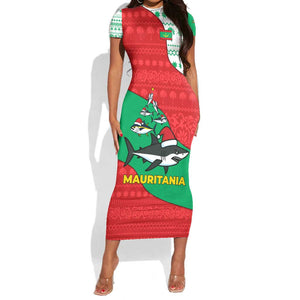 Mauritania Christmas Short Sleeve Bodycon Dress Santa Sharks Festive Fish Pattern and Red Green Holiday - African Pride