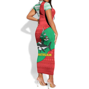 Mauritania Christmas Short Sleeve Bodycon Dress Santa Sharks Festive Fish Pattern and Red Green Holiday - African Pride