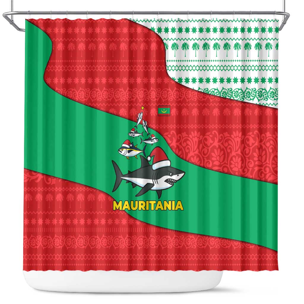 Mauritania Christmas Shower Curtain Santa Sharks Festive Fish Pattern and Red Green Holiday - African Pride