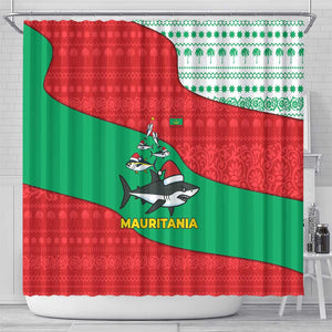 Mauritania Christmas Shower Curtain Santa Sharks Festive Fish Pattern and Red Green Holiday - African Pride