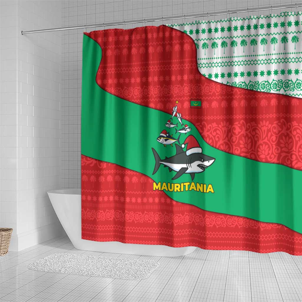 Mauritania Christmas Shower Curtain Santa Sharks Festive Fish Pattern and Red Green Holiday - African Pride