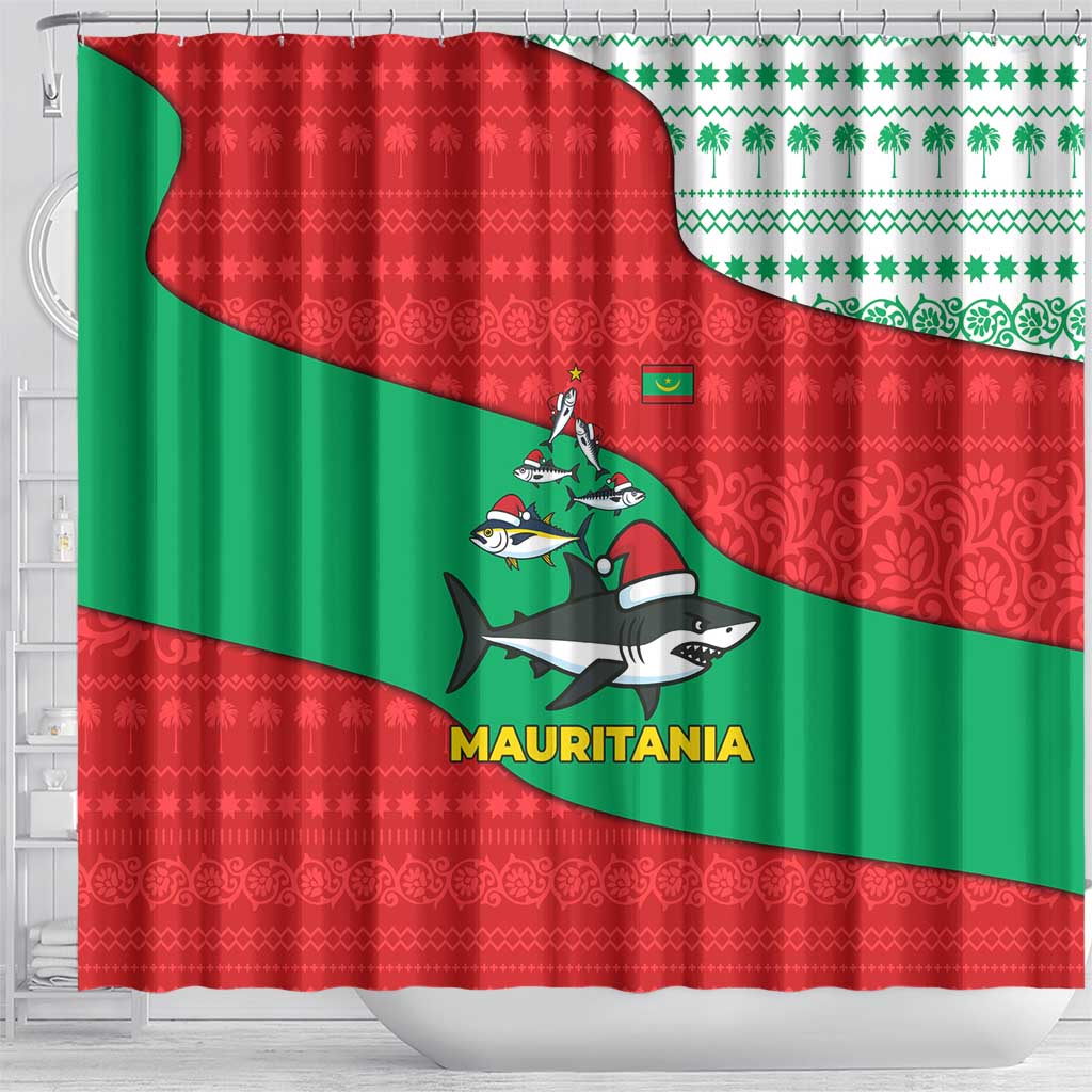Mauritania Christmas Shower Curtain Santa Sharks Festive Fish Pattern and Red Green Holiday - African Pride