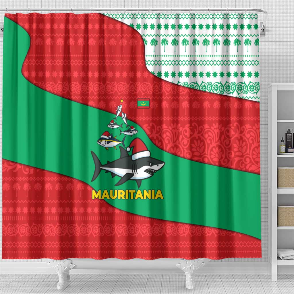 Mauritania Christmas Shower Curtain Santa Sharks Festive Fish Pattern and Red Green Holiday - African Pride