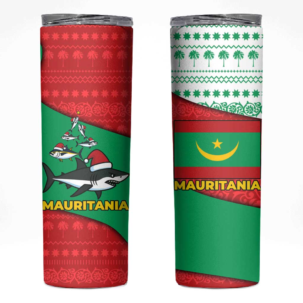 Mauritania Christmas Skinny Tumbler Santa Sharks Festive Fish Pattern and Red Green Holiday - African Pride