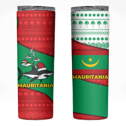 Mauritania Christmas Skinny Tumbler Santa Sharks Festive Fish Pattern and Red Green Holiday - African Pride