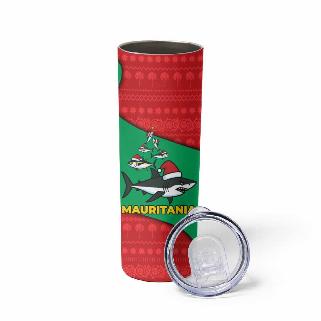 Mauritania Christmas Skinny Tumbler Santa Sharks Festive Fish Pattern and Red Green Holiday - African Pride