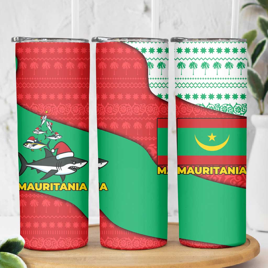 Mauritania Christmas Skinny Tumbler Santa Sharks Festive Fish Pattern and Red Green Holiday - African Pride