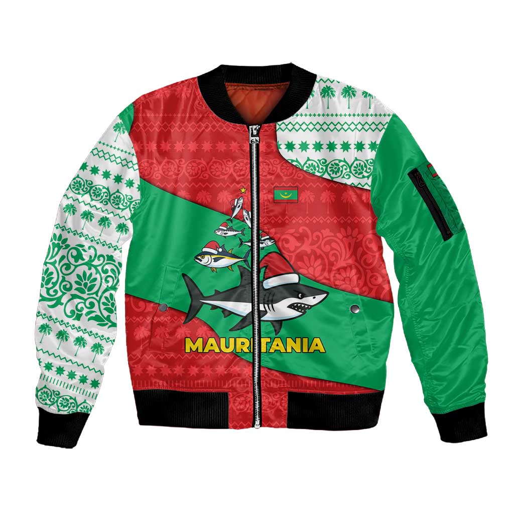Mauritania Christmas Sleeve Zip Bomber Jacket Santa Sharks Festive Fish Pattern and Red Green Holiday - African Pride