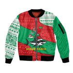 Mauritania Christmas Sleeve Zip Bomber Jacket Santa Sharks Festive Fish Pattern and Red Green Holiday - African Pride