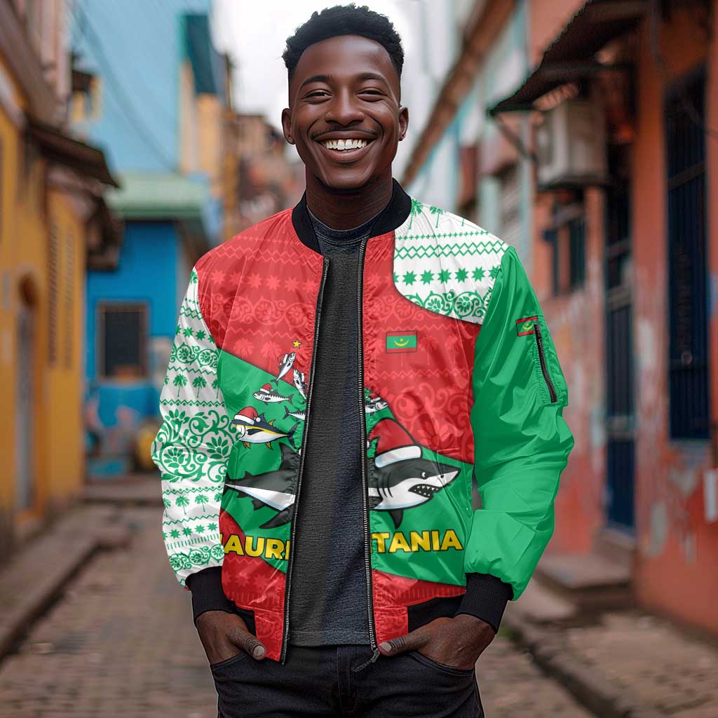 Mauritania Christmas Sleeve Zip Bomber Jacket Santa Sharks Festive Fish Pattern and Red Green Holiday - African Pride